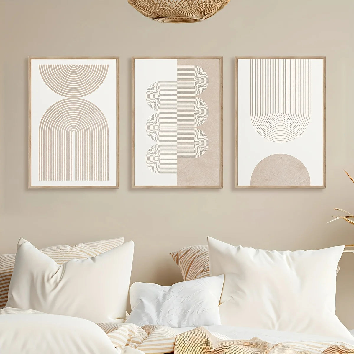 tableaux modernes abstraits toile minimaliste pièces géométriques arcs lignes parallèles beige blanc marronclair