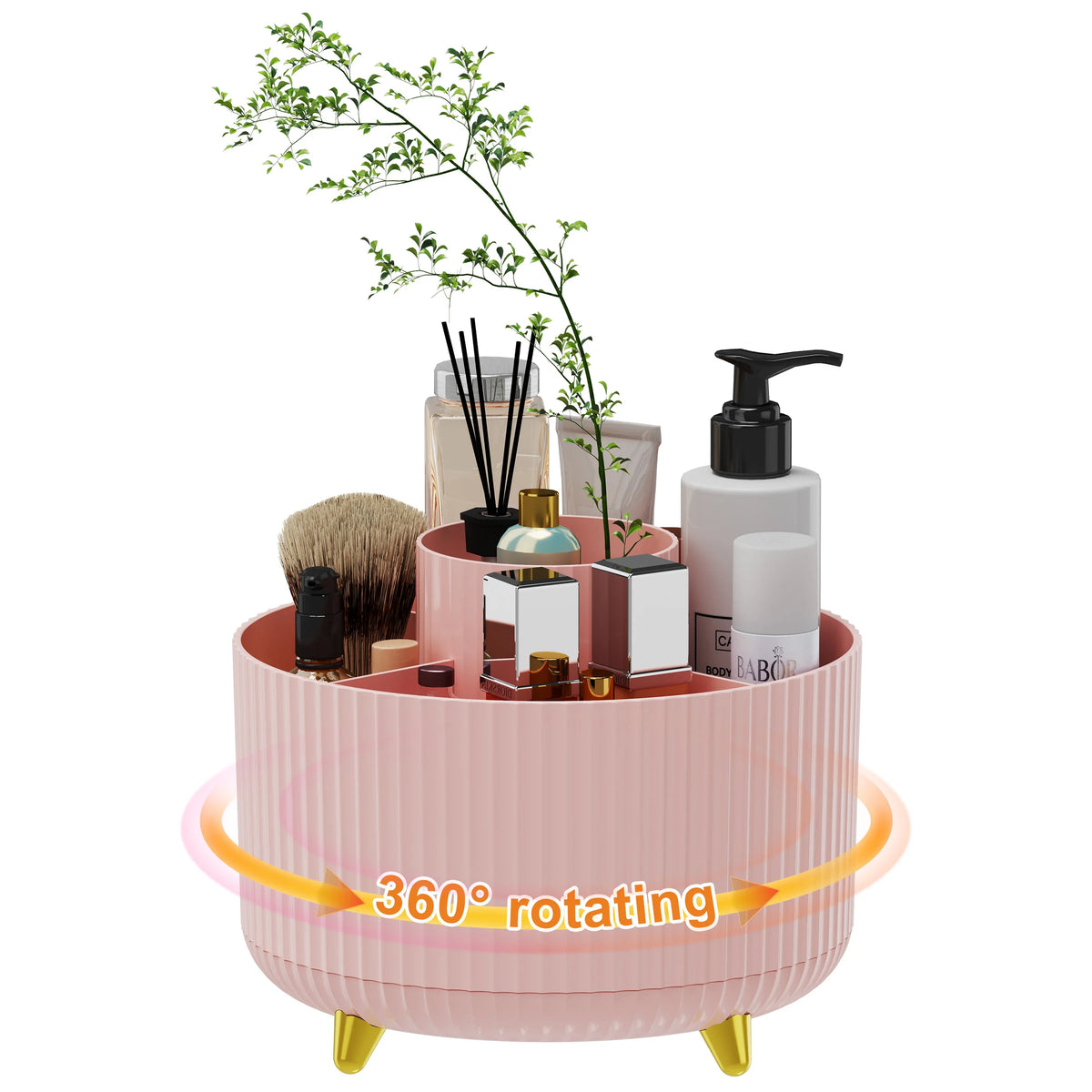 organisateur maquillage rotatif brosse flacons moderne rayures beige rose noir minimaliste