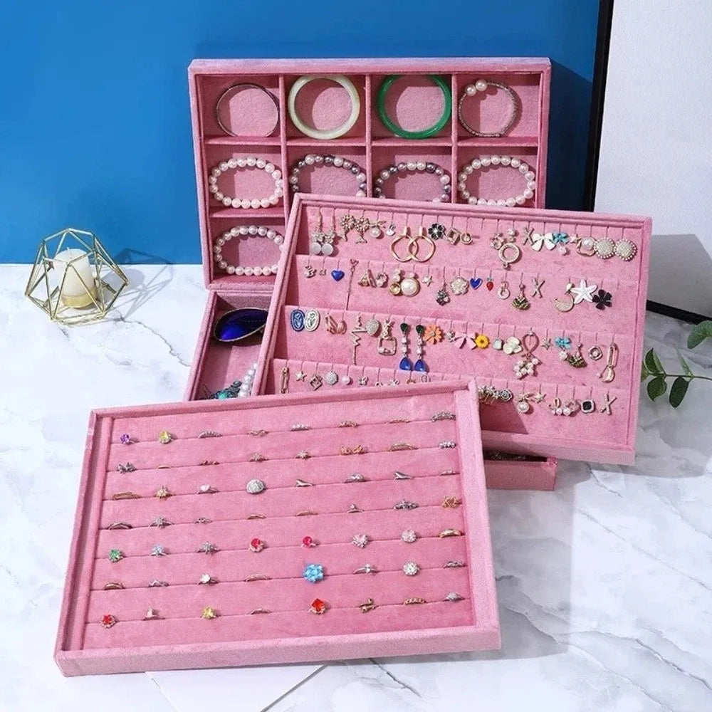 boîte bijoux rose velours moderne colliers boucles doreilles anneaux bracelets organisateur