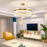suspension lumineuse moderne dorée cristal chrome poli led télécommande transparente chambre salon