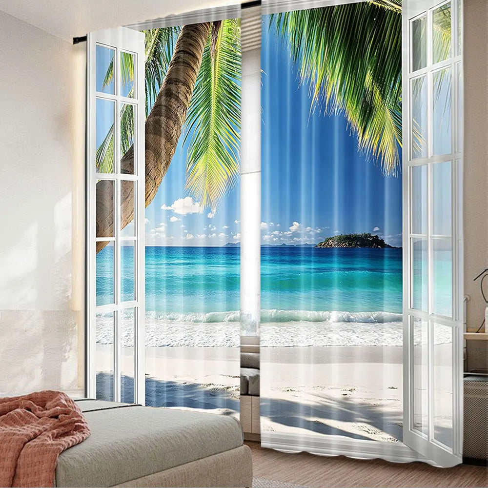 rideau paysage marine palmiers océan plage bleu vert translucide moderne deux panneaux polyester