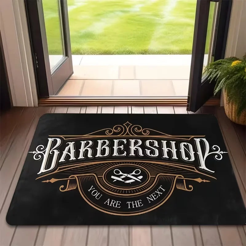 tapis sol vintage barber shop lettres motifs coiffeur noir blanc rose violet