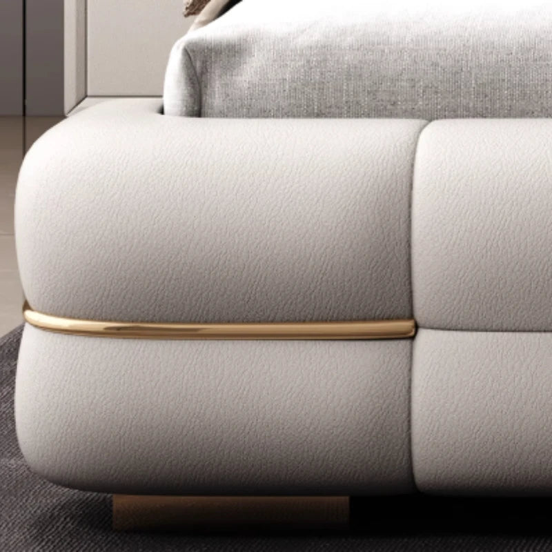 lit moderne minimaliste simili cuir gris clair structure bois vis matelassé chambre coucher