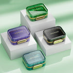 boîte rangement médicaments réutilisable transparente moderne vert bleu violet poignée dorée compartments