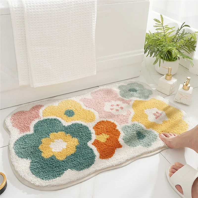 tapis bain fleurs colorées coton doux moderne blanc vert jaune orange rose bleu adhésif