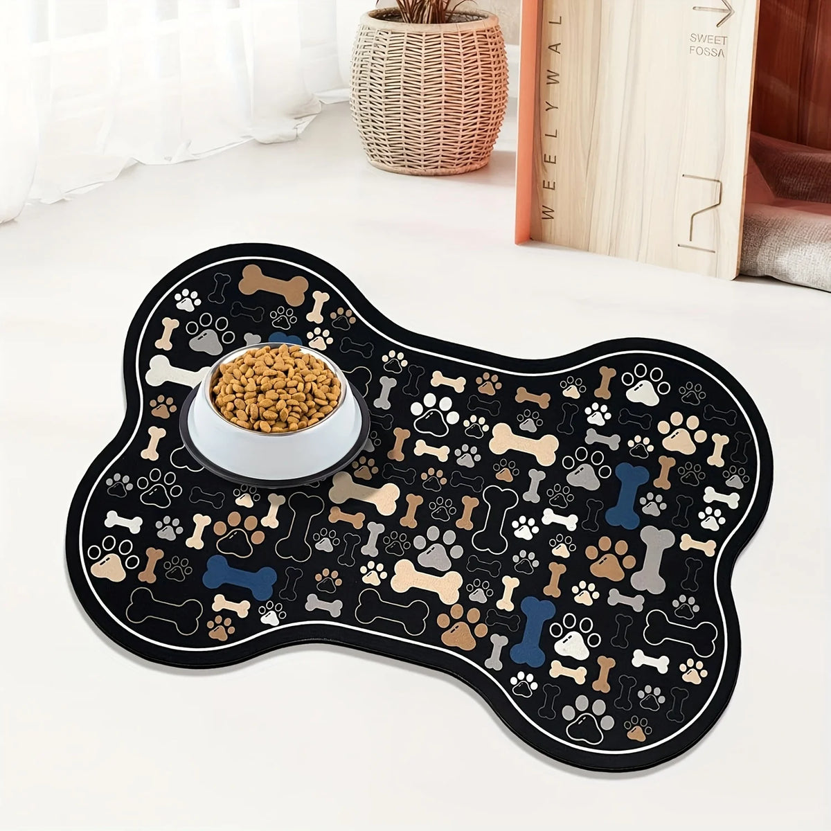 tapis antidérapant chien motifs pattes os moderne gris beige noir