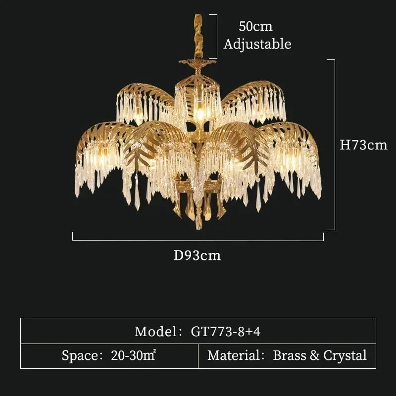lustre vintage doré feuille palmier cristaux transparents pendentif grande salle