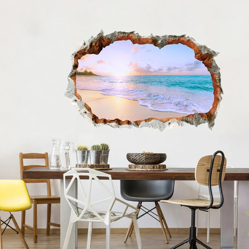 sticker mural plage multicolore coucher soleil océan réaliste 3D adhésif facile appliquer dimension 40x60cm