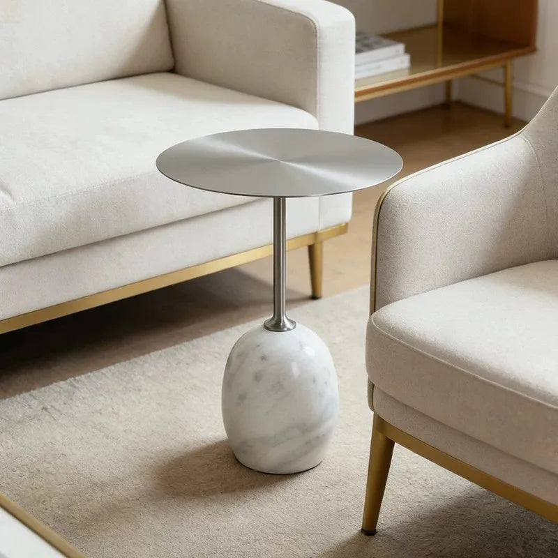 table d'appoint moderne marbre blanc veines grises pied central salon chambre