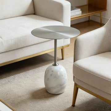table d'appoint moderne marbre blanc veines grises pied central salon chambre