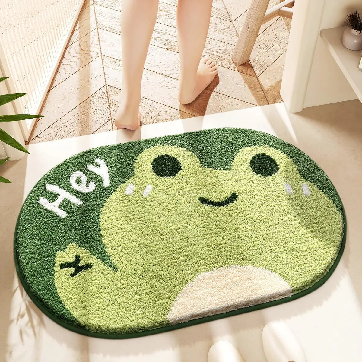 tapis bain antidérapant polyester feutre décoratif carreaux géométriques souriant vert clair bleu marine