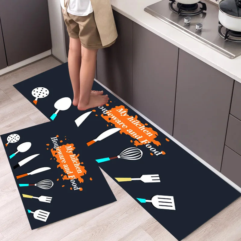 tapis cuisine moderne motifs ustensiles fruits ananas noir blanc orange vert gris rose bleu
