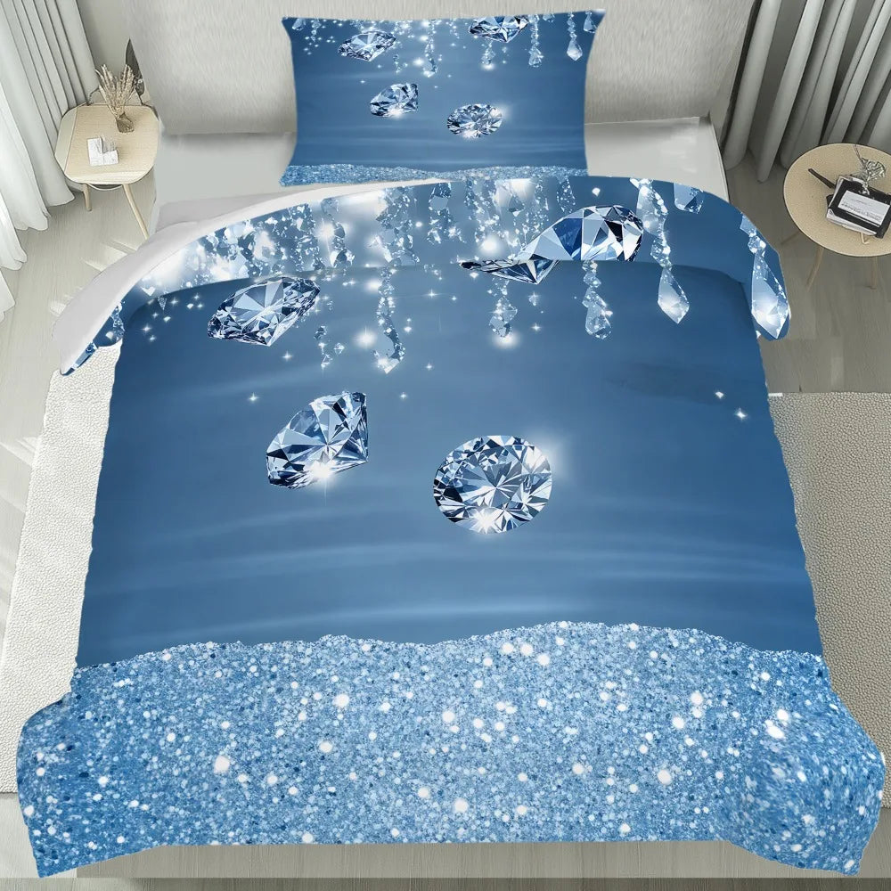 Parure de lit bleu foncé impression 3D diamant brillant sur lit King