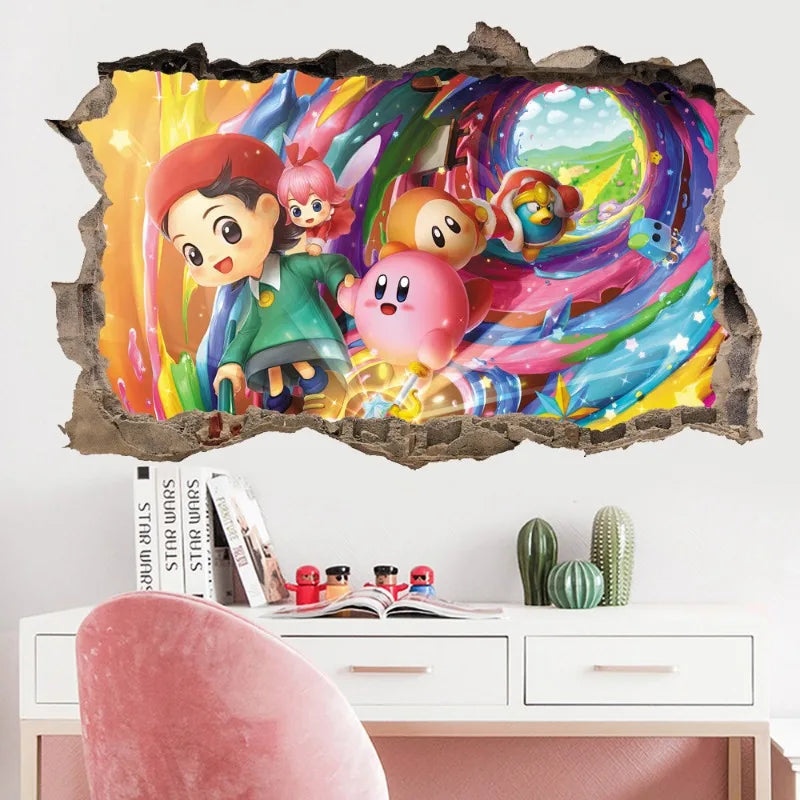 autocollant mural kirby personnages animés fond coloré cartoon 3d rose bleu blanc gris opacité