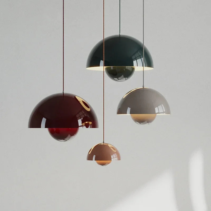 suspension lumineuse moderne sphérique métal jaune rose rouge vert beige doré