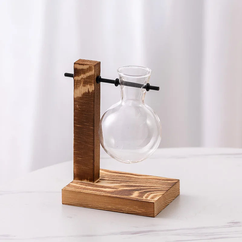 support plantes verre moderne transparent bois naturel clips métalliques vase décoratif minimaliste