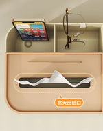 boîte rangement multifonctionnelle moderne beige clair rayures verticales pieds ronds mouchoirs lunettes télécommande parfum