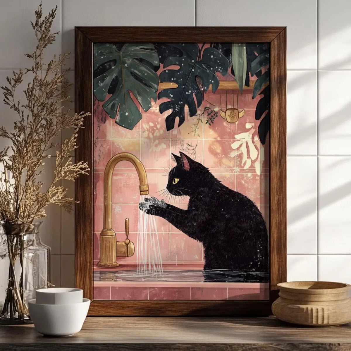 toile d'art moderne illustration chats noirs salle bain noir rose verte toile abstraite décoration