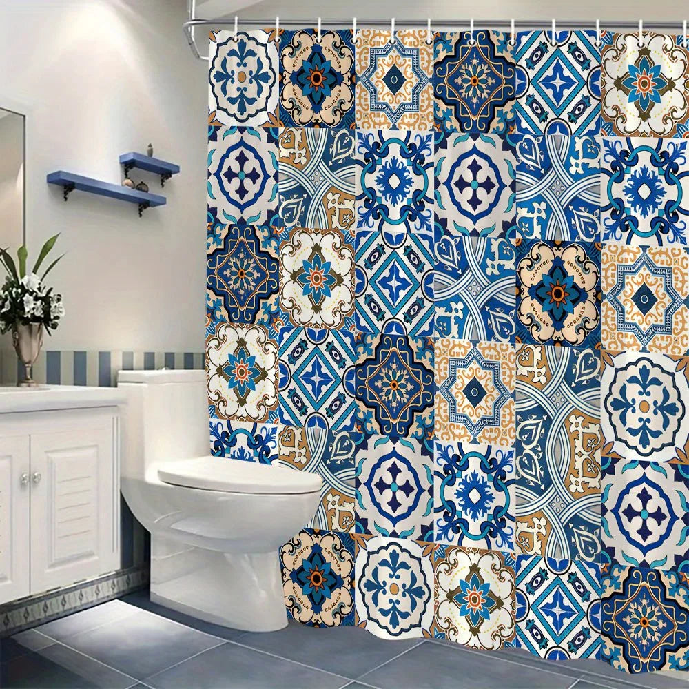 rideau douche vintage ethnique bleu blanc patchwork motifs géométriques opacité anneaux métalliques