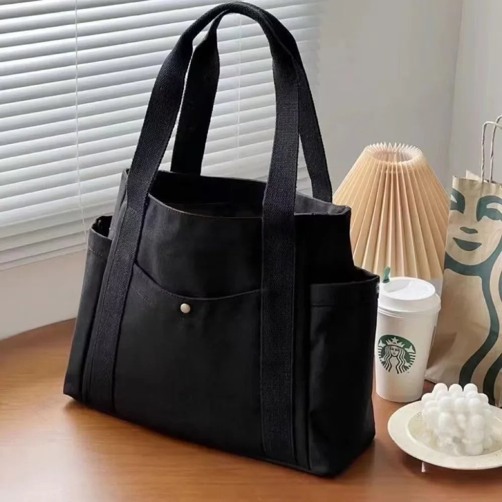 sac main toile beige clair poches poignées détachables moderne casual