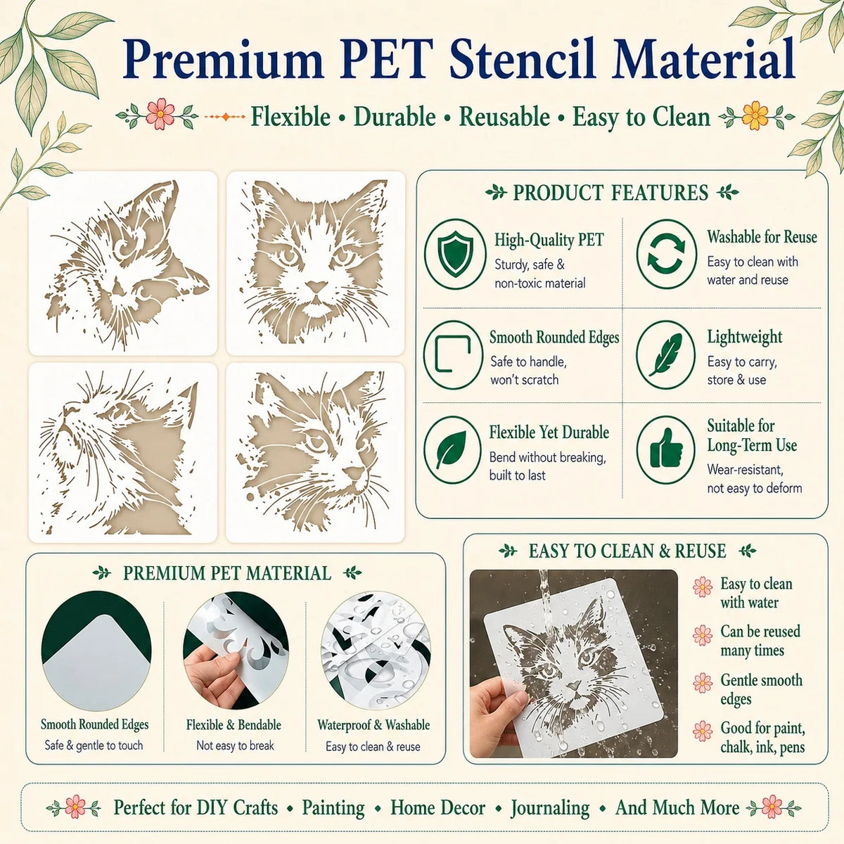 stencils peinture motifs chats artisanal modernes adhésifs beige clair diy murs projets