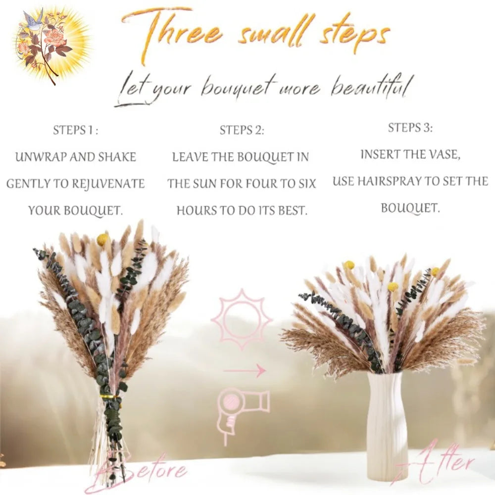 bouquets pampas marron clair beige blanc feuilles vertes plumes blanches décoration intérieure mariage boho