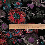 tissu brodé fleurs sequins polyester noir violet rouge vert bleu or opaquet