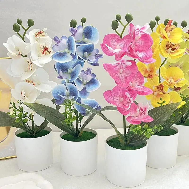 décoration intérieure orchidées artificielles fleurs blanches roses bleues jaunes modernes maison