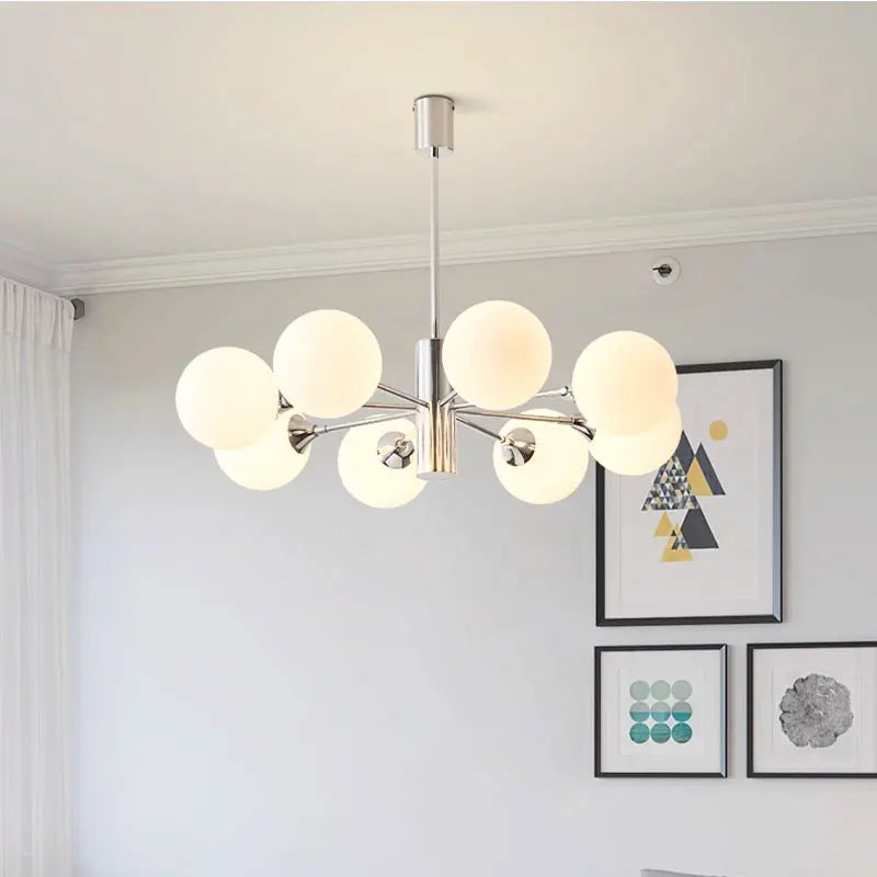 Suspension lumineuse moderne boules sphériques translucides structure chromée salon chambre coucher