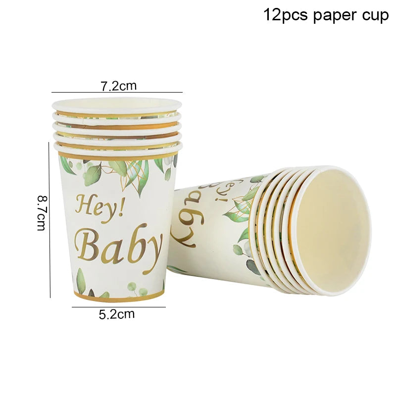 assiettes jetables anniversaire enfant vert doré hey baby guirlande feuilles textes festifs verres serviettes