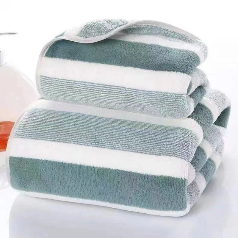 serviettes bain polaire rayures vert gris rose absorbantes épaisse toilette classique domestique