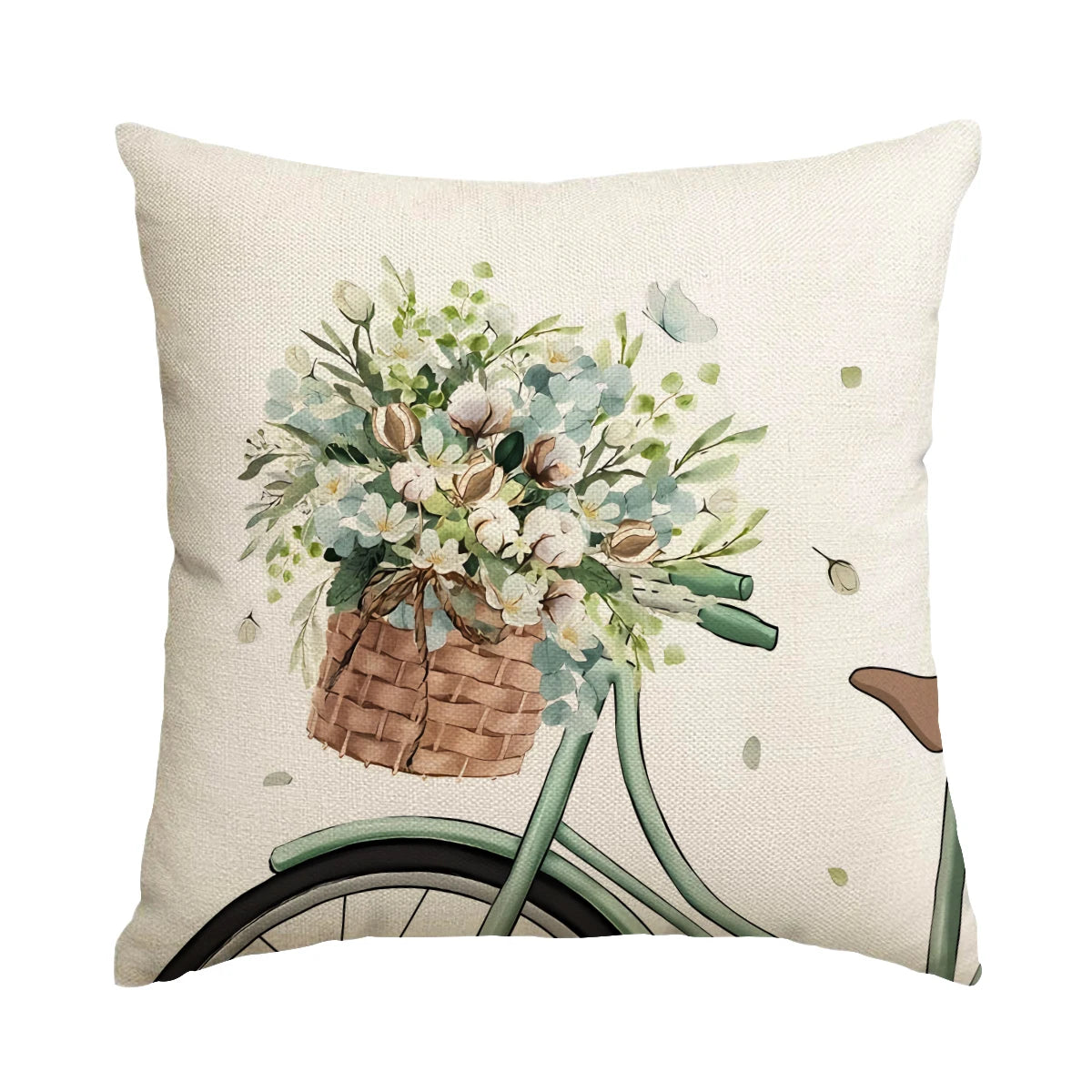 housse coussin carré motif floral vert clair beige rustique polyester lavable glissière invisible 45cm