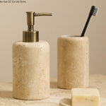 ensemble salle bain pierre naturelle moderne distributeur savon porte brosse dents plateau carré minimaliste
