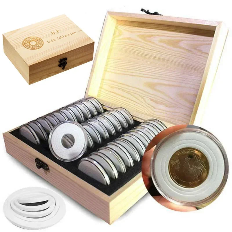 boîte rangement bois pièces monnaie protection transparentes classique étiquettes adhésives collection sécurisée argentées dorées