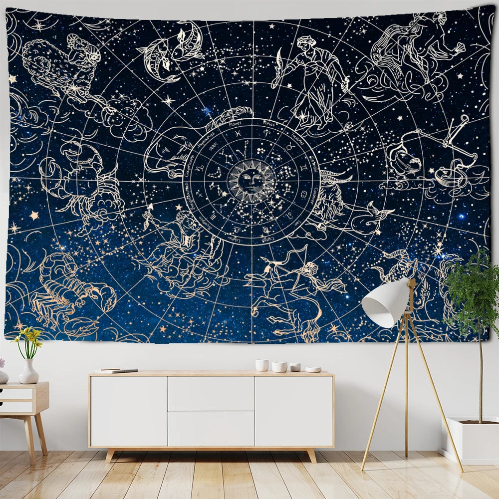 tapisserie moderne constellation bleu or constellations géométriques décoration murale living room tissu polyestère machine