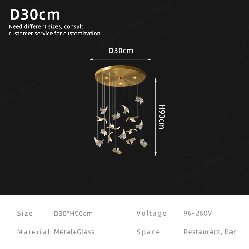lampe suspendue contemporaine élégante dorée feuilles stylisées lumière blanche translucide 3000k 4000k 6000k