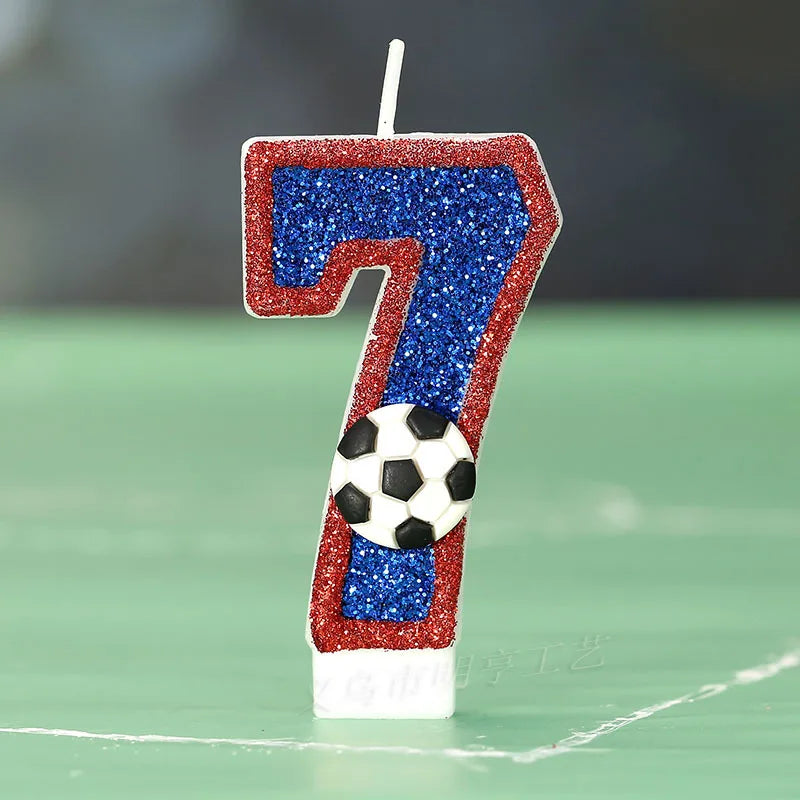 bougies numériques forme chiffres pailletées football bleu rouge blanche décoratives anniversaire sport thème tringle