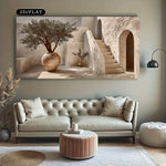 toile d'art moderne minimaliste paysage architectural arbre escalier plante verte beige sans cadre chambre