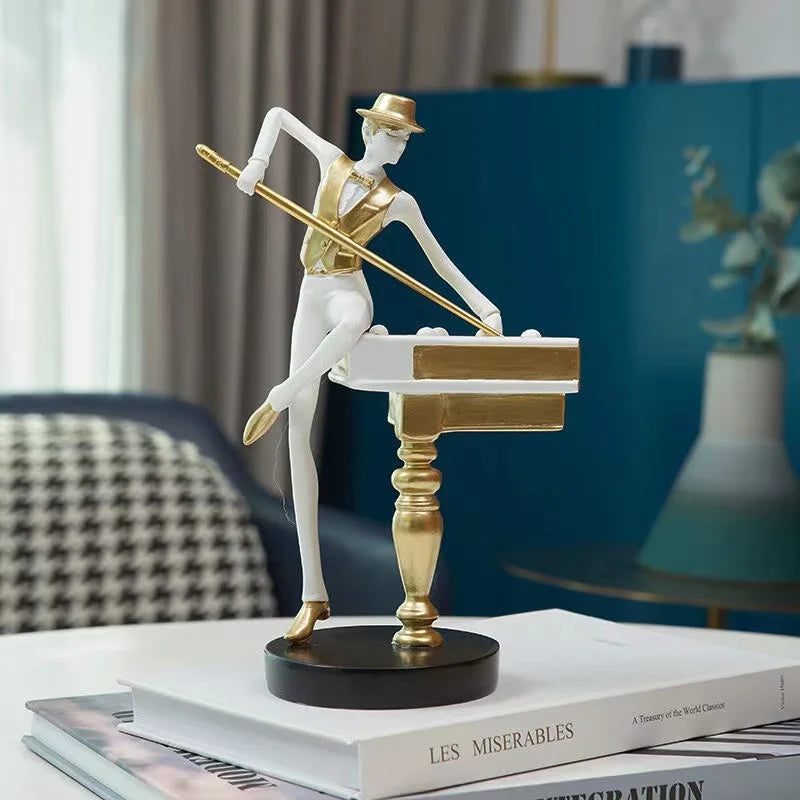 statuette décorative art déco rétro billard personne billes or blanc noir