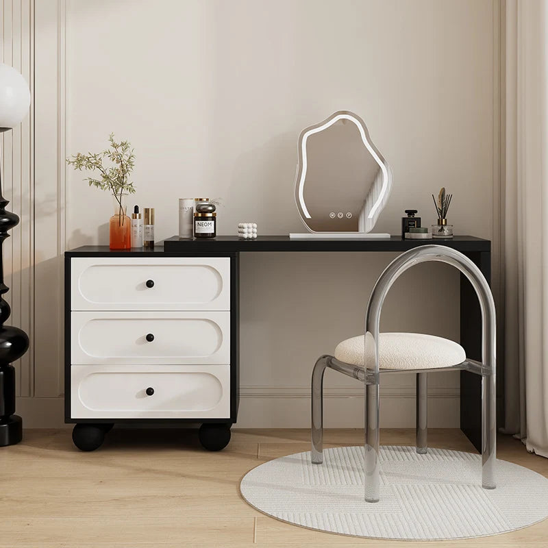 coiffeuse miroir blanc minimaliste moderne commode tiroirs noirs chambre meuble maquillage