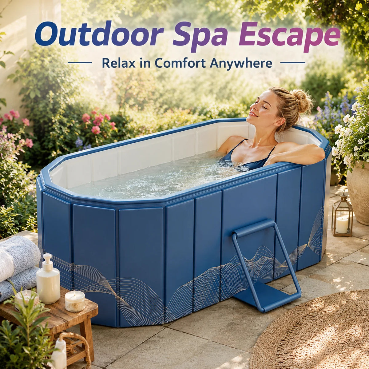 baignoire pliable moderne bleu rose motifs géométriques confortable salle bain patio