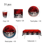décoration fête thème halloween arbre nu serviettes assiettes tasses bannières rouge noir