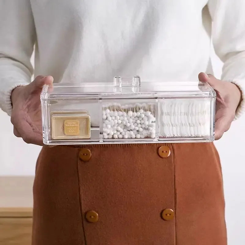 boîte rangement transparente multi compartiments clips moderne bâtonnets coton serviettes papier savon minimaliste organisation