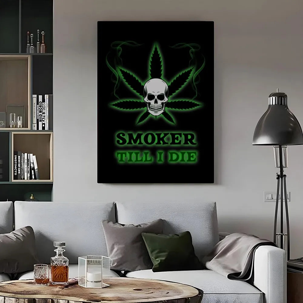 affiche graphique pop art crânes cannabis lettrage noir vert opaque sans cadre