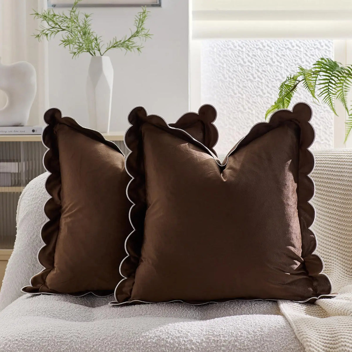 housse coussin moderne motif bordure dentelée orange marron gris rose beige blanc polyester coton