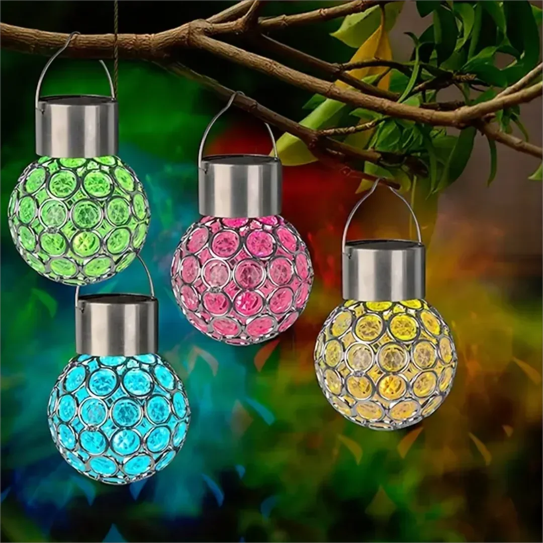 lumière solaire boule transparente motifs colorés moderne décoration extérieure jardin suspension anneaux métalliques