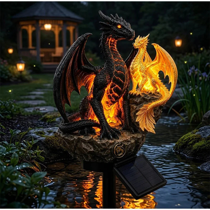 statue dragon jardin solaire éclairage extérieur ornement décoratif fantastique éclairage led nocturne textures écailles