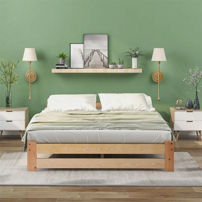 Lit futon en bois massif pin naturel avec tête de lit, vue d'ensemble