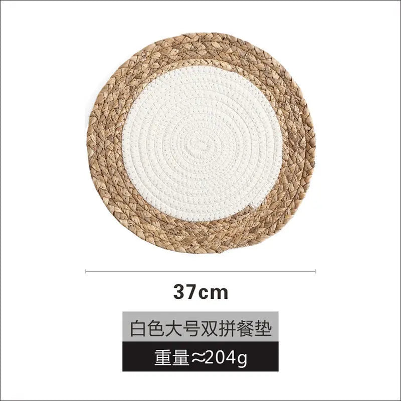 tapis table boho rustique tissé main naturel gris blanc cercles concentriques simple