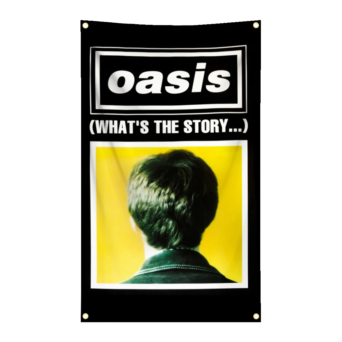 bannière rock vintage oasis logo union jack scène musicale noir rouge bleu